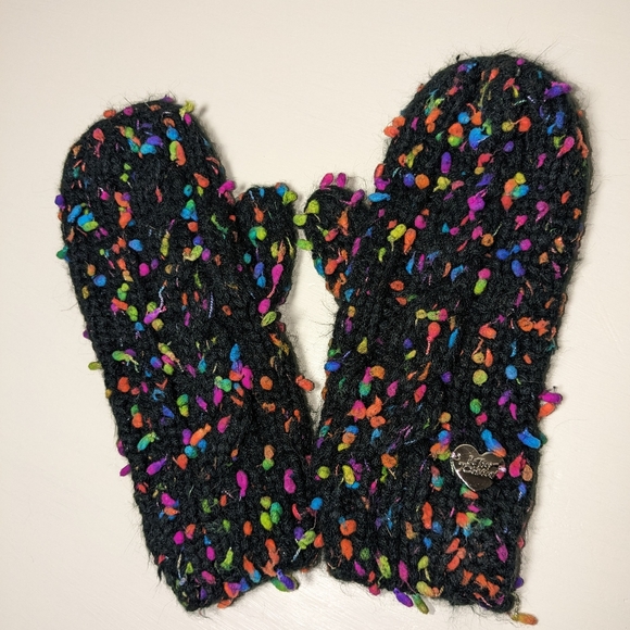 Betsey Johnson Accessories - Vintage Betsey Johnson Mittens Black with Neon Color Pops